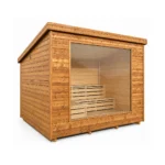 TimberIN Nordic Vista™ – moderne rektangulær havesauna med vandret træbeklædning, helglasfront og trinvise bænke indvendigt på hvid baggrund.