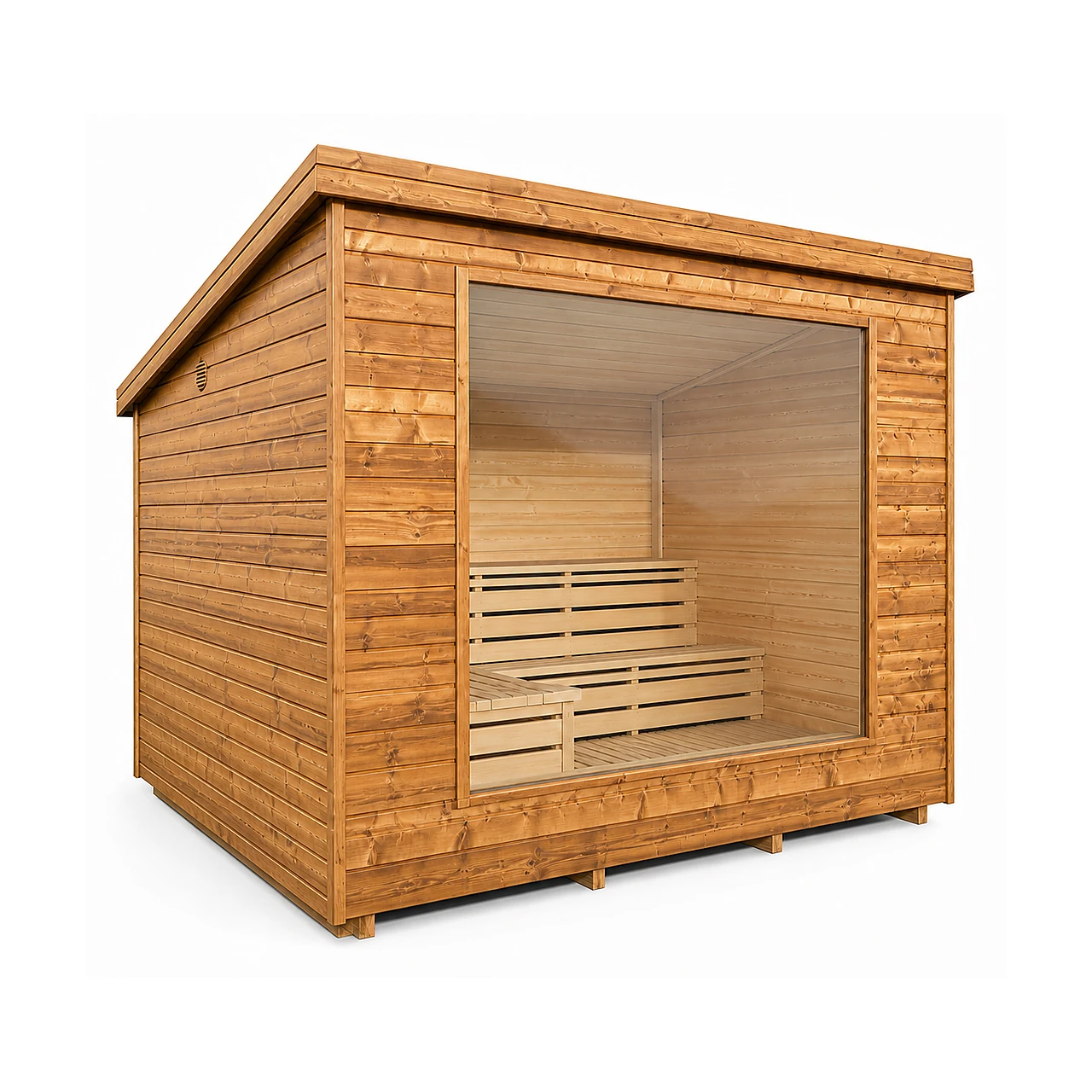 TimberIN Nordic Vista™ 1 TimberIN Nordic Vista™ – moderne rektangulær havesauna med vandret træbeklædning, helglasfront og trinvise bænke indvendigt på hvid baggrund.