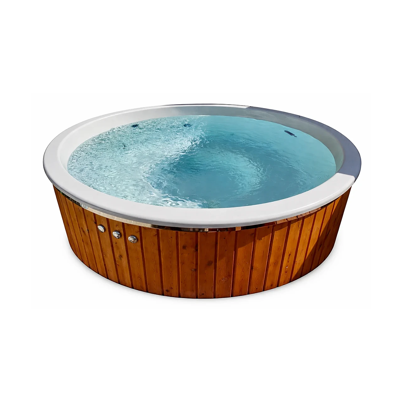 TimberIN Nordic™ External Comfort 1 TimberIN Nordic™ External Comfort – rundt glasfiberbad med træbeklædning, med el-, brænde-, pille- eller gasopvarmning efter eget valg, på hvid baggrund.