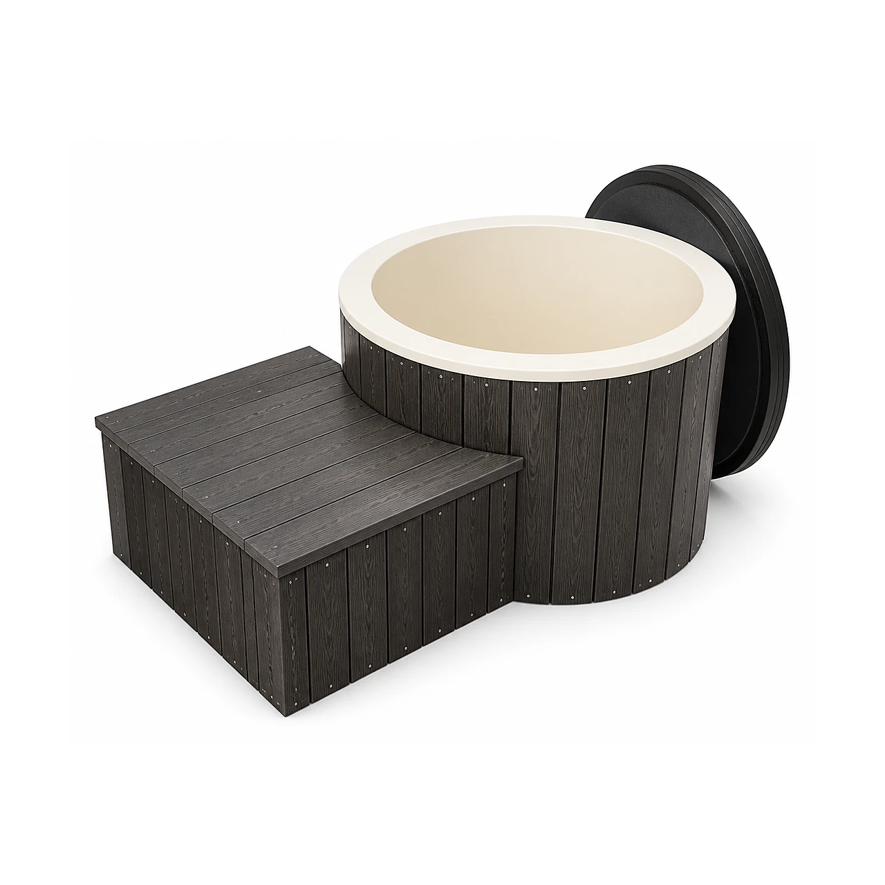 TimberIN Nordic Ice™ 1 TimberIN Nordic Ice™ – rundt koldtvandsbad med mørk lodret beklædning, cremefarvet isoleret indsats, sort åbent låg og matchende teknikpodie på hvid baggrund.
