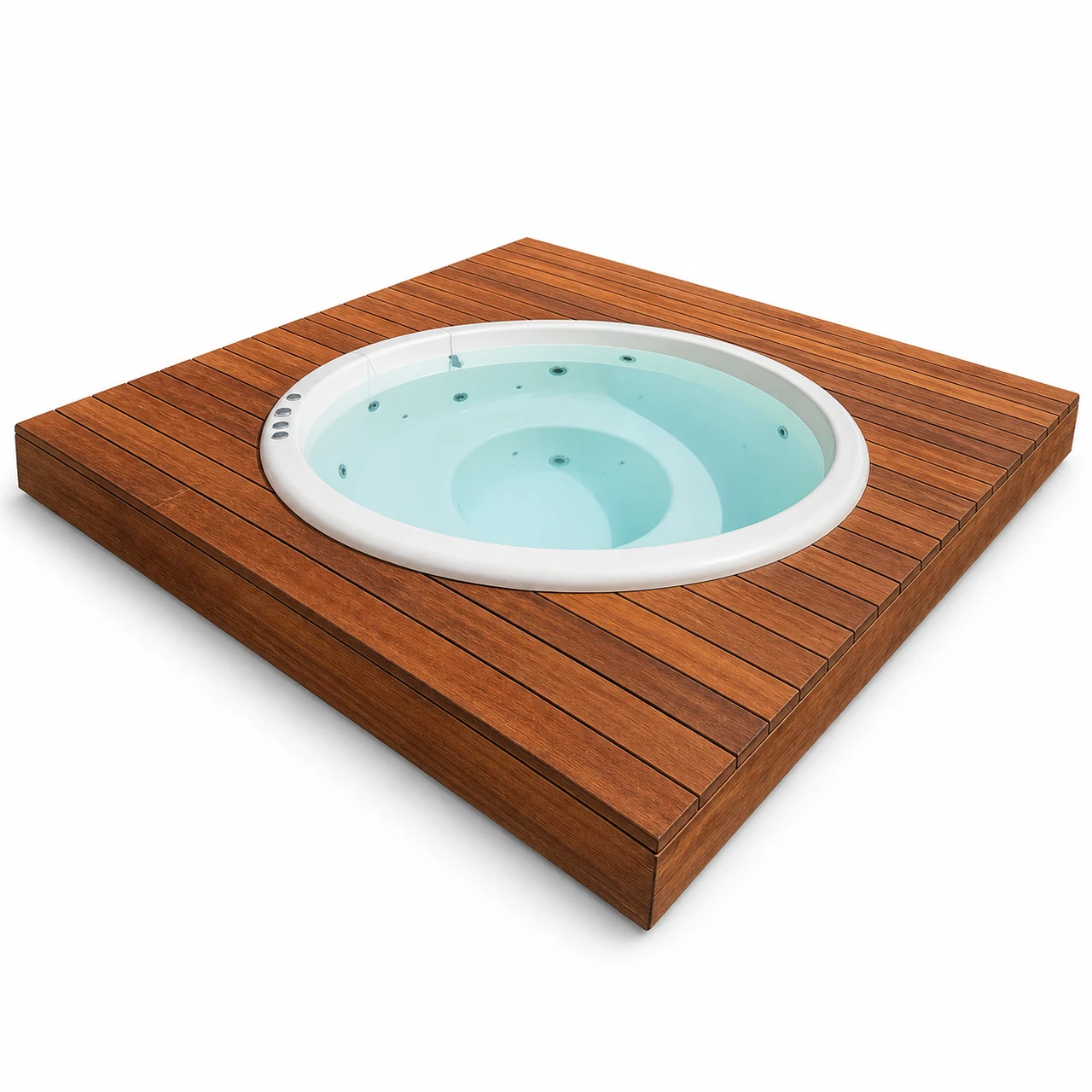 TimberIN Nordic™ InGround Comfort 1 TimberIN Nordic™ InGround Comfort – nedsænket rundt vildmarksbad i glasfiber med lyseblåt vand og massagedyser i et træterrassemodul på hvid baggrund.