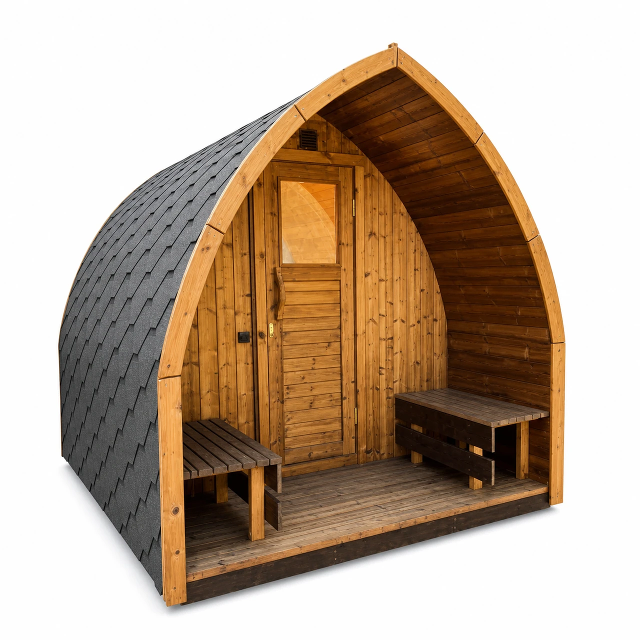 TimberIN Nordic Pod™ Porch 1 TimberIN Nordic Pod™ Porch – buet udendørs sauna i pod-design med varmt træinteriør, overdækket veranda, sidebænke og mørkt shingeltag på hvid baggrund.