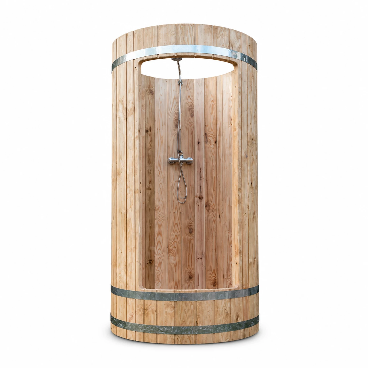 Udendørs bruser i træ 1 TimberIN Nordic Shower™ Barrel – rund udendørs bruser i træ med dør og bånd i rustfrit stål