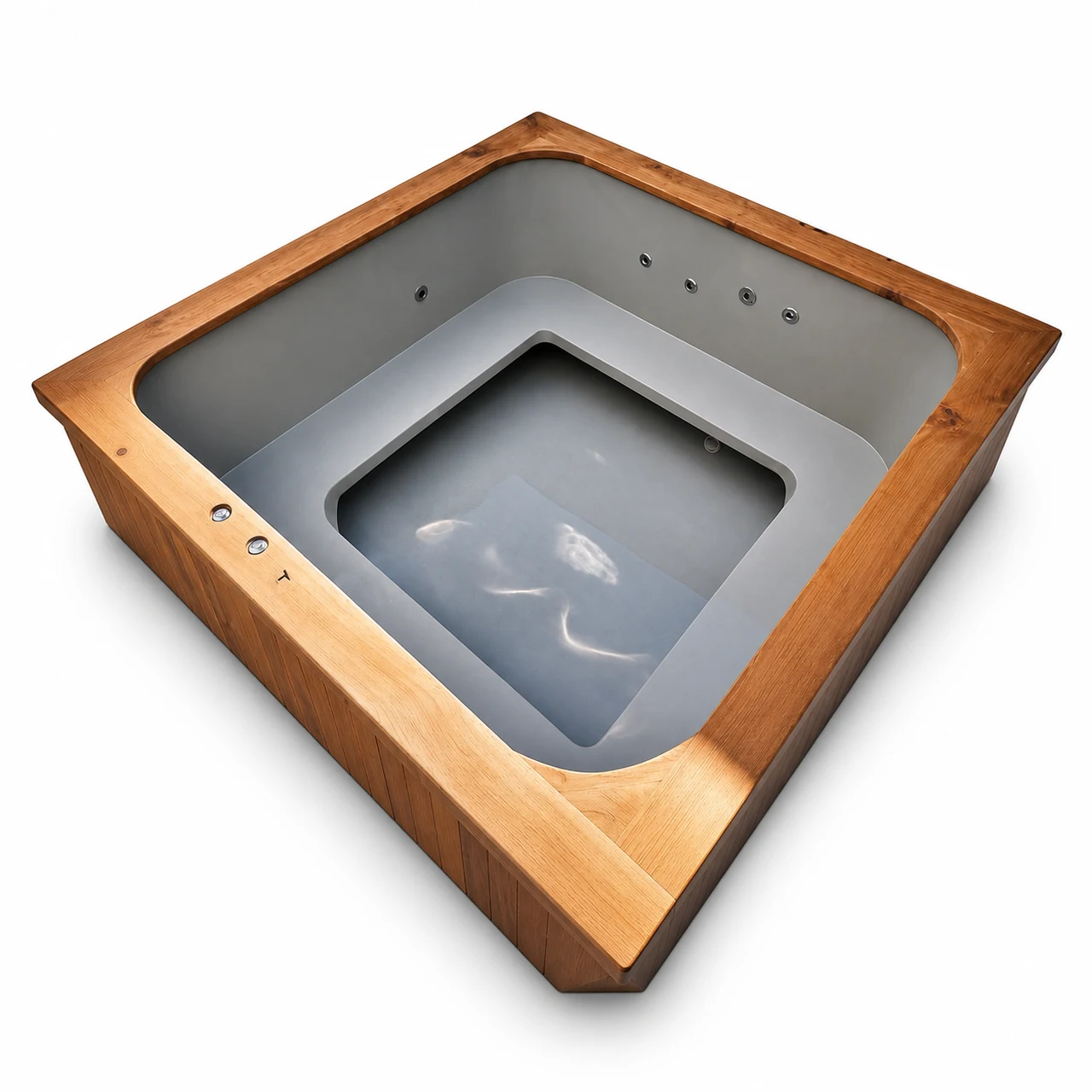 TimberIN Nordic Square™ 1 TimberIN Nordic Square™ – firkantet vildmarksbad med grå formstøbt indsats, gennemgående siddebænk, nedsænket fodrum og massagedyser på hvid baggrund.