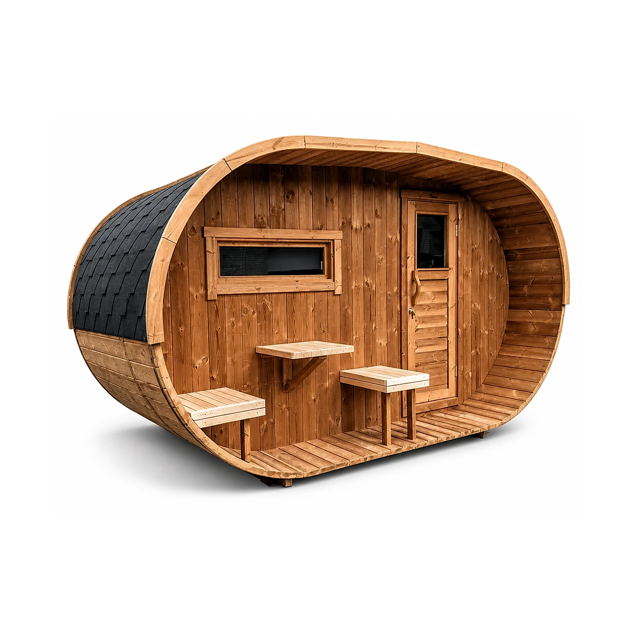 TimberIN Nordic Oval™ Terrace – oval udendørs sauna med terrasse 1 TimberIN Nordic Oval™ Terrace – oval sauna med terrasse, front i termotræ, sort spånbeklædning, glasindgang, overdækkede bænke og skorsten på hvid baggrund