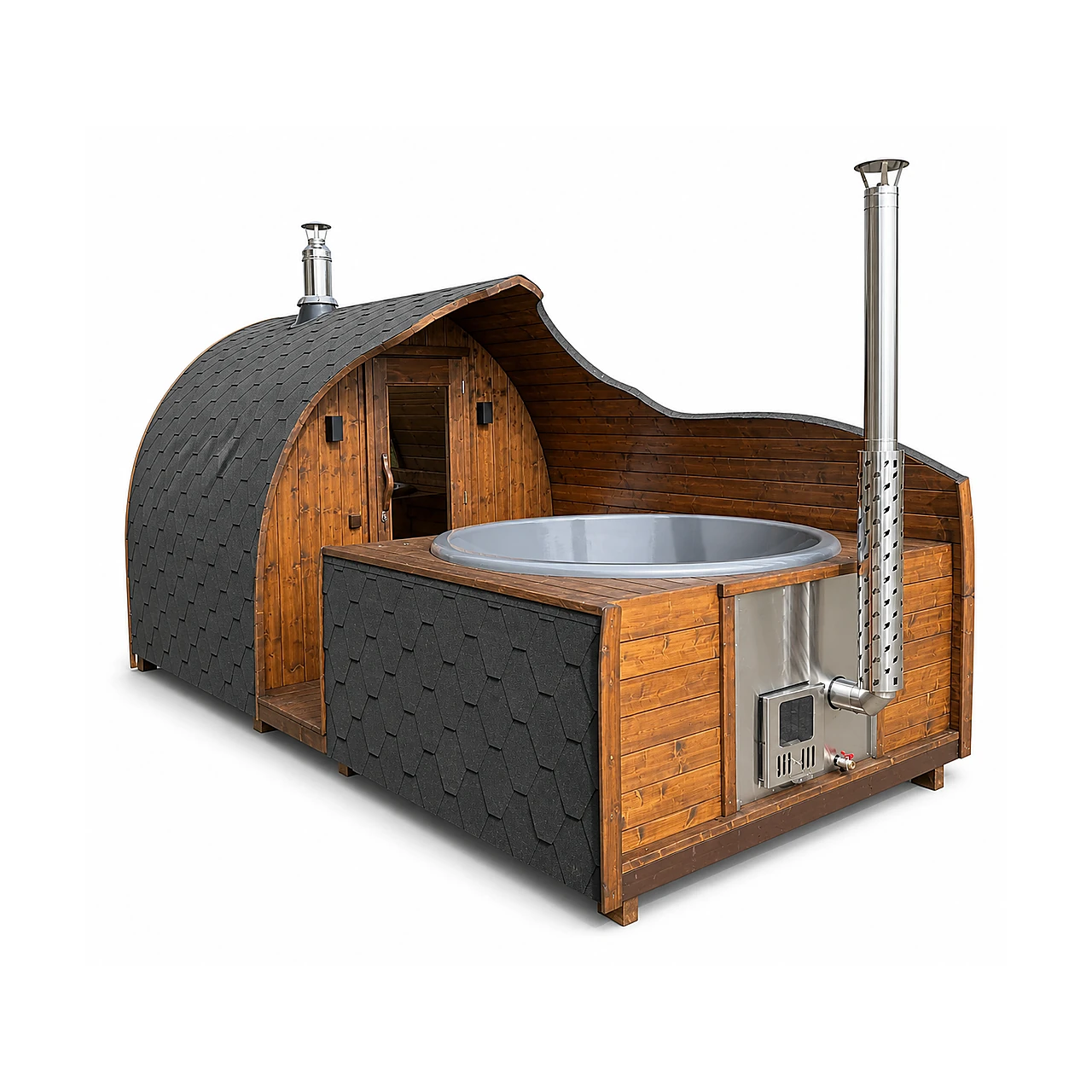 Pod-sauna med tilkoblet vildmarksbad og integreret brændeovn i én konstruktion