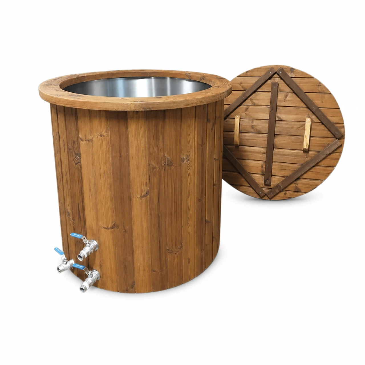 Icetub – isbad i termotræ med kar i rustfrit stål AISI 316 (Ø90 cm) 1 Icetub isbad i termotræ (Ø90 cm, rustfrit stål AISI 316) – kompakt rundt koldtvandskar med indvendigt kar i stål, trælåg, spændebånd og aftapningshane